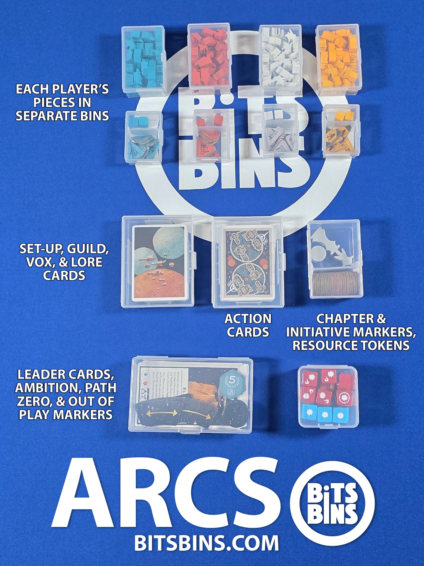 Arcs Board Game Organizer by BitsBins - 4 Minis, 1 Originals, 5 Card Boxes, 1 Tile, 1 Stack, 4 Mini Dividers, 1 Original Divider