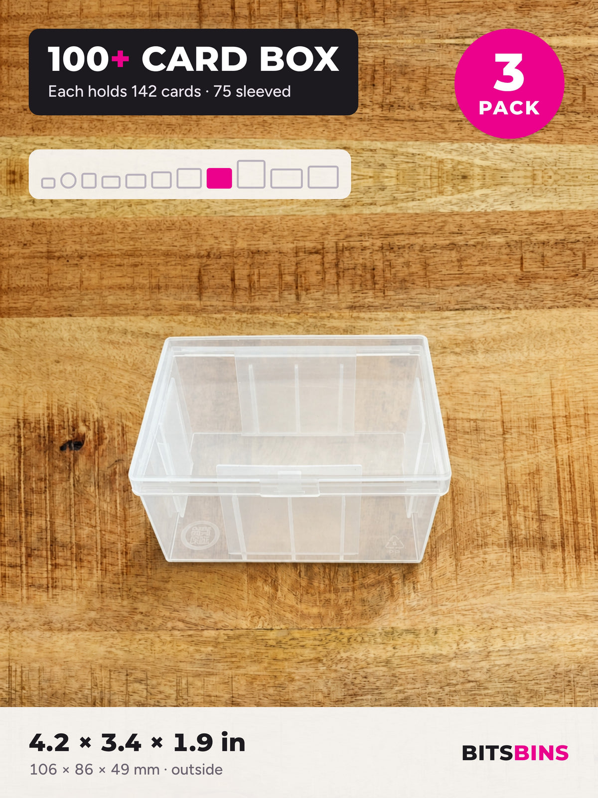 BitsBins 100+ Card Box 3 pack on a wood table. Each clear snap-lid box holds 142 cards or 75 sleeved cards. 4.2 x 3.4 x 1.9 in.