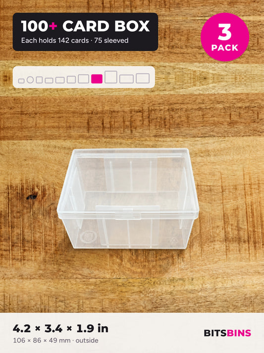 BitsBins 100+ Card Box 3 pack on a wood table. Each clear snap-lid box holds 142 cards or 75 sleeved cards. 4.2 x 3.4 x 1.9 in.