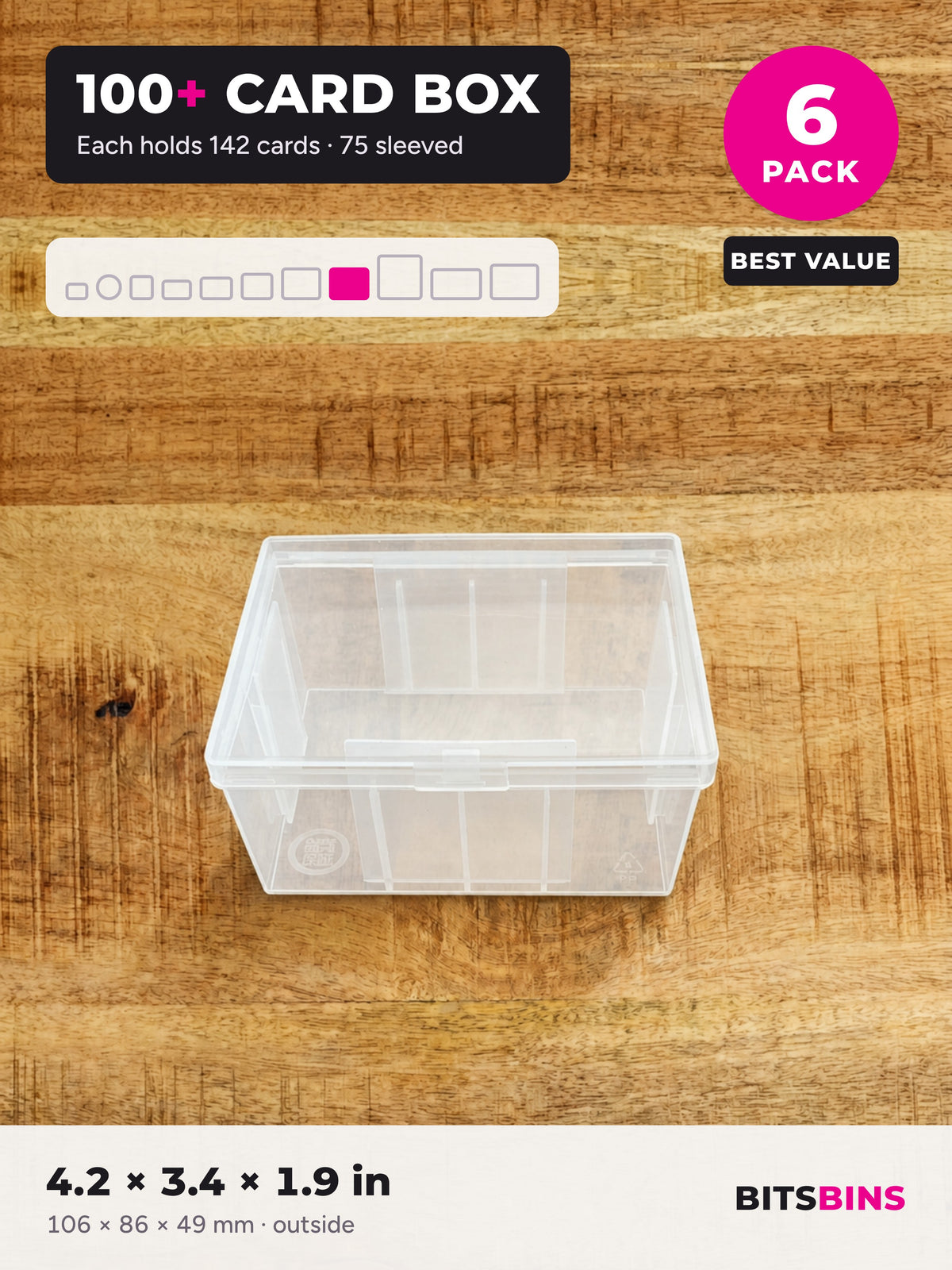BitsBins 100+ Card Box 6 pack, best value. Each clear snap-lid box holds 142 cards or 75 sleeved cards. 4.2 x 3.4 x 1.9 in.