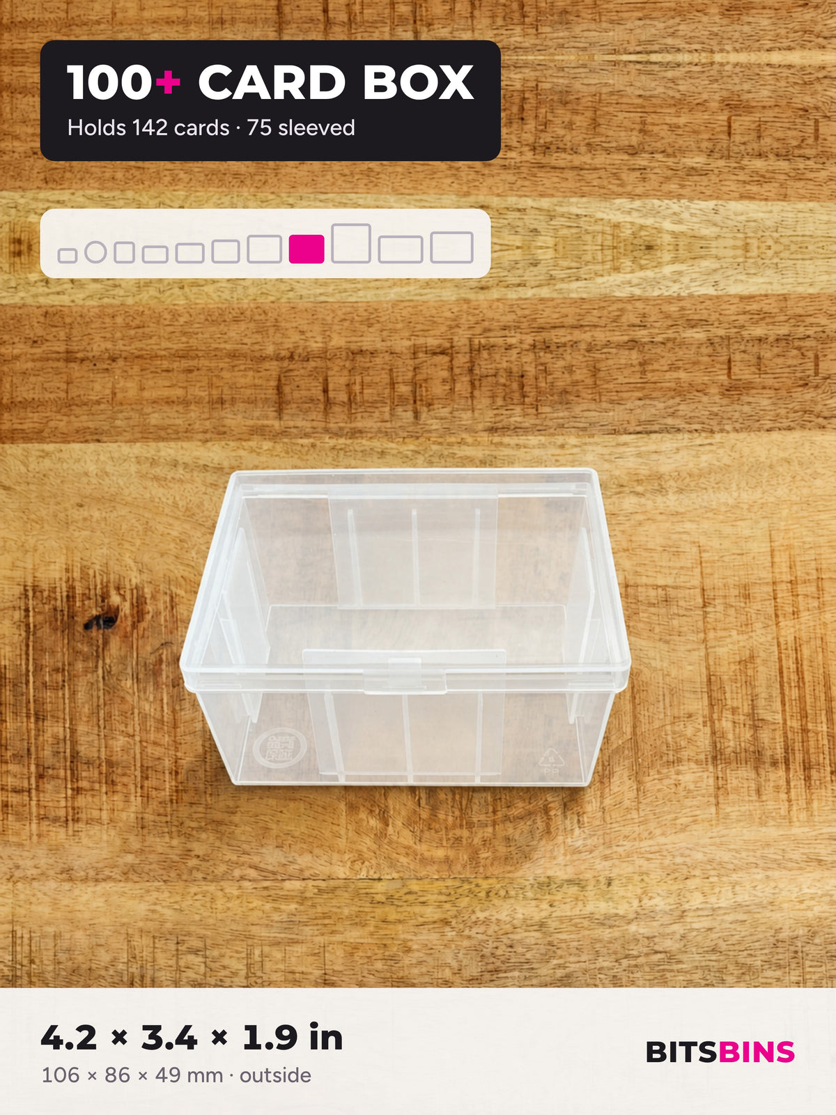 Single BitsBins 100+ Card Box on a wood table. Holds 142 cards or 75 sleeved cards. 4.2 x 3.4 x 1.9 in (106 x 86 x 49 mm).
