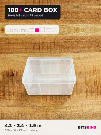 Single BitsBins 100+ Card Box on a wood table. Holds 142 cards or 75 sleeved cards. 4.2 x 3.4 x 1.9 in (106 x 86 x 49 mm).