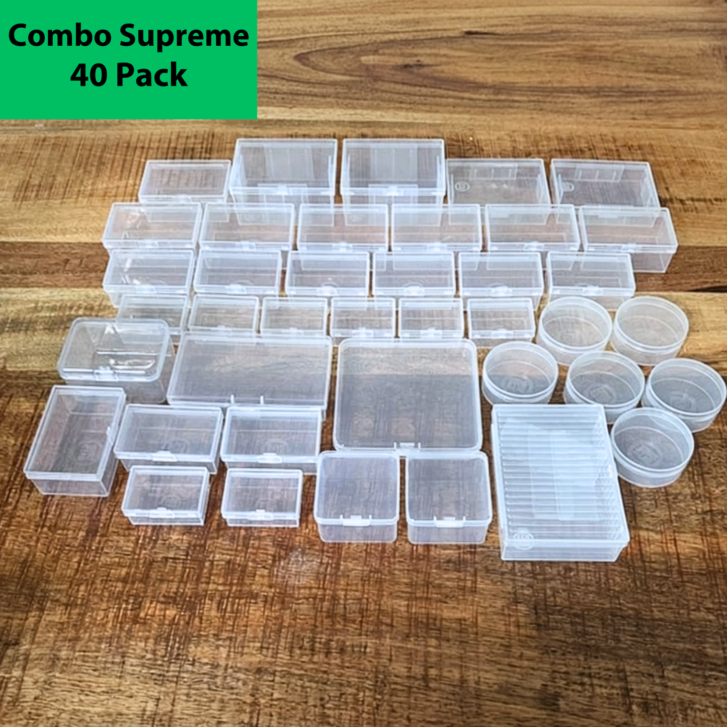 Combo Supreme 40-pack board game storage bundle featuring BitsBins Minis, Originals, XLs, Pods, Card Boxes, and more laid out on a wood table