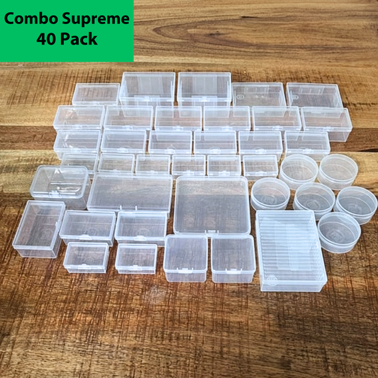 Combo Supreme 40-pack board game storage bundle featuring BitsBins Minis, Originals, XLs, Pods, Card Boxes, and more laid out on a wood table