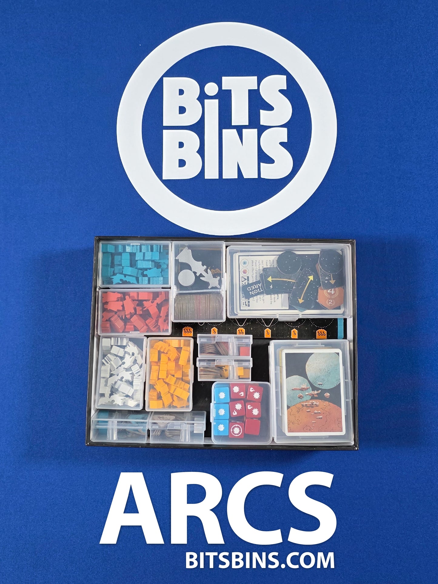 Arcs Board Game Organizer by BitsBins - 4 Minis, 1 Originals, 5 Card Boxes, 1 Tile, 1 Stack, 4 Mini Dividers, 1 Original Divider