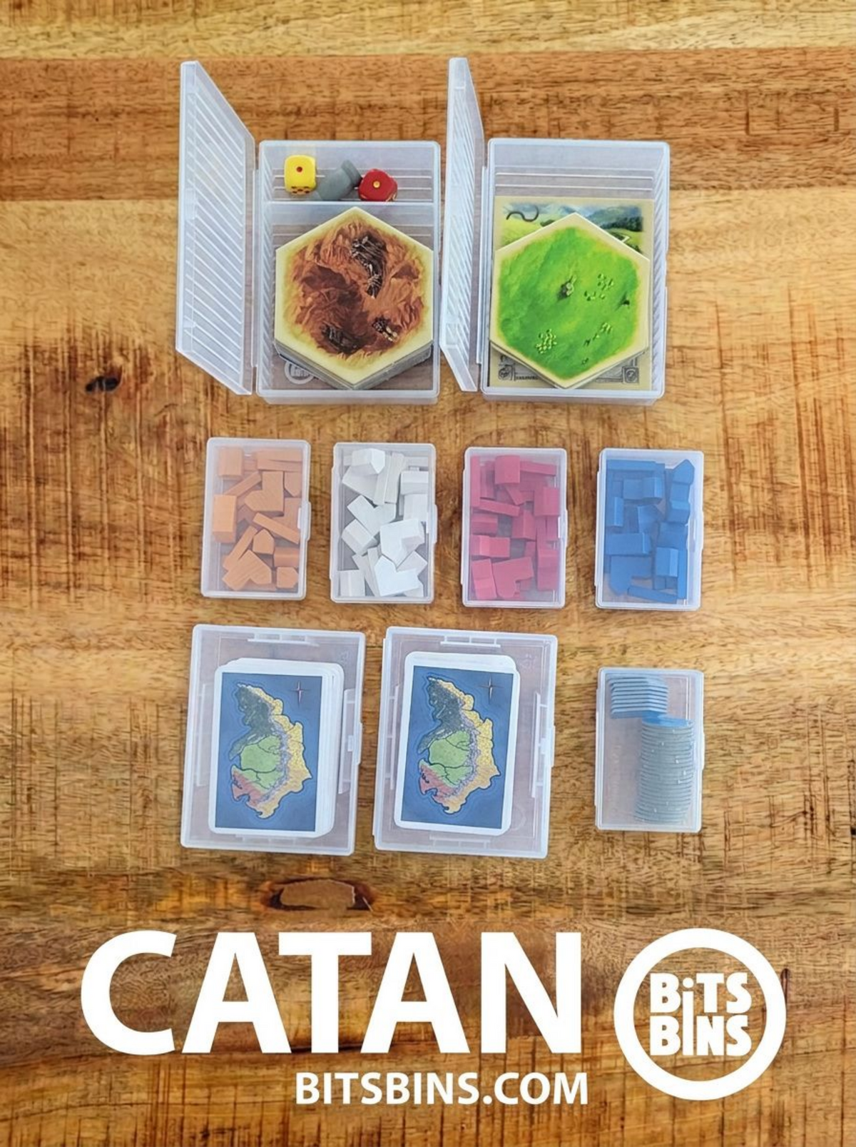 Catan resource cards organized in BitsBins Tarot containers on the table