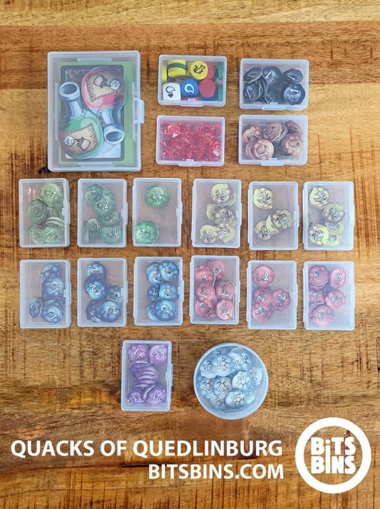 Quacks of Quedlinburg ingredient chips sorted by color in 17 BitsBins Minis, with white chips in a Pod and fortune-teller cards in a Card Box
