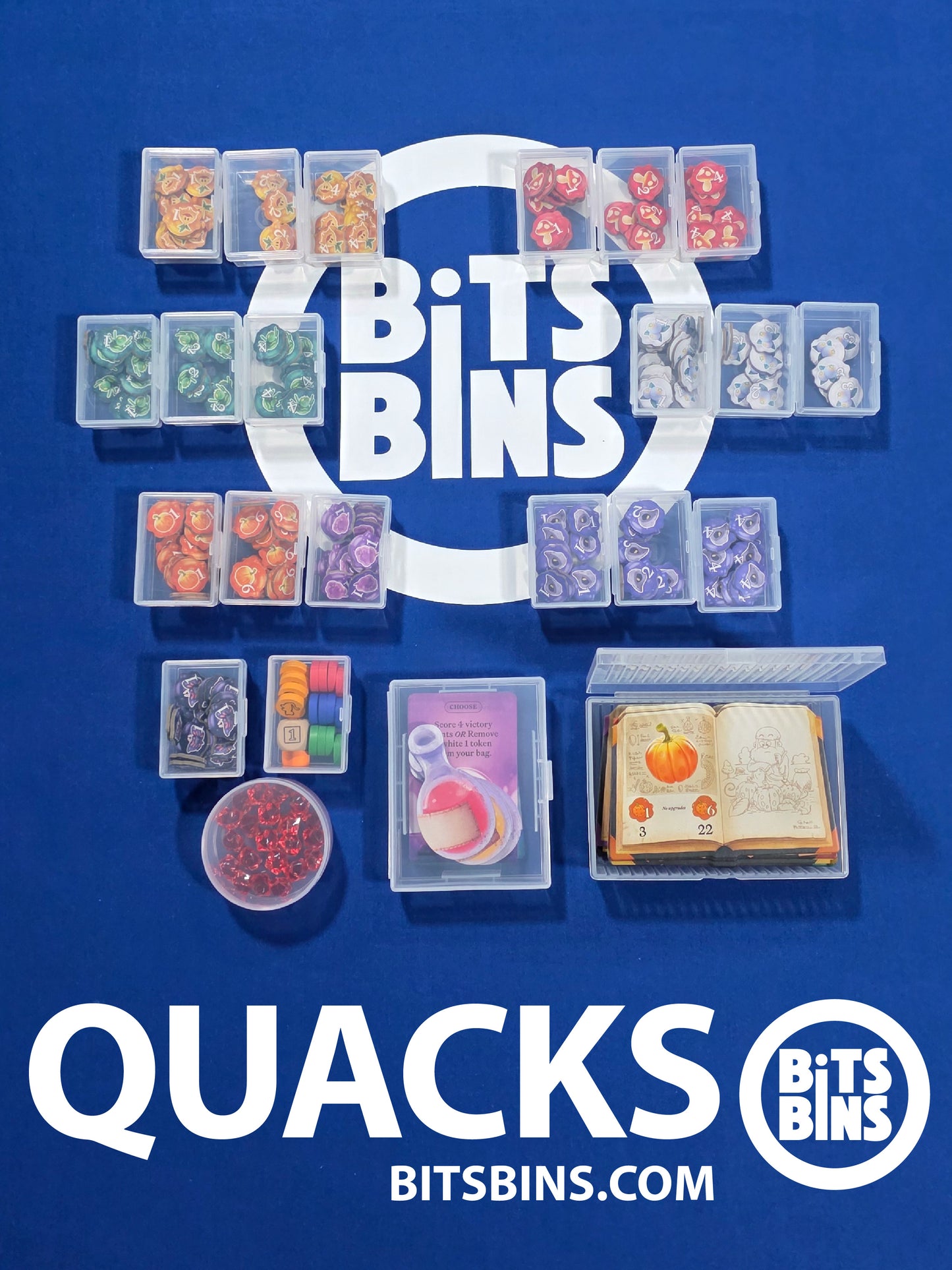 Quacks (2024) Board Game Organizer by BitsBins - 1 Pod, 20 Minis, 1 Card box, 1 Tarot