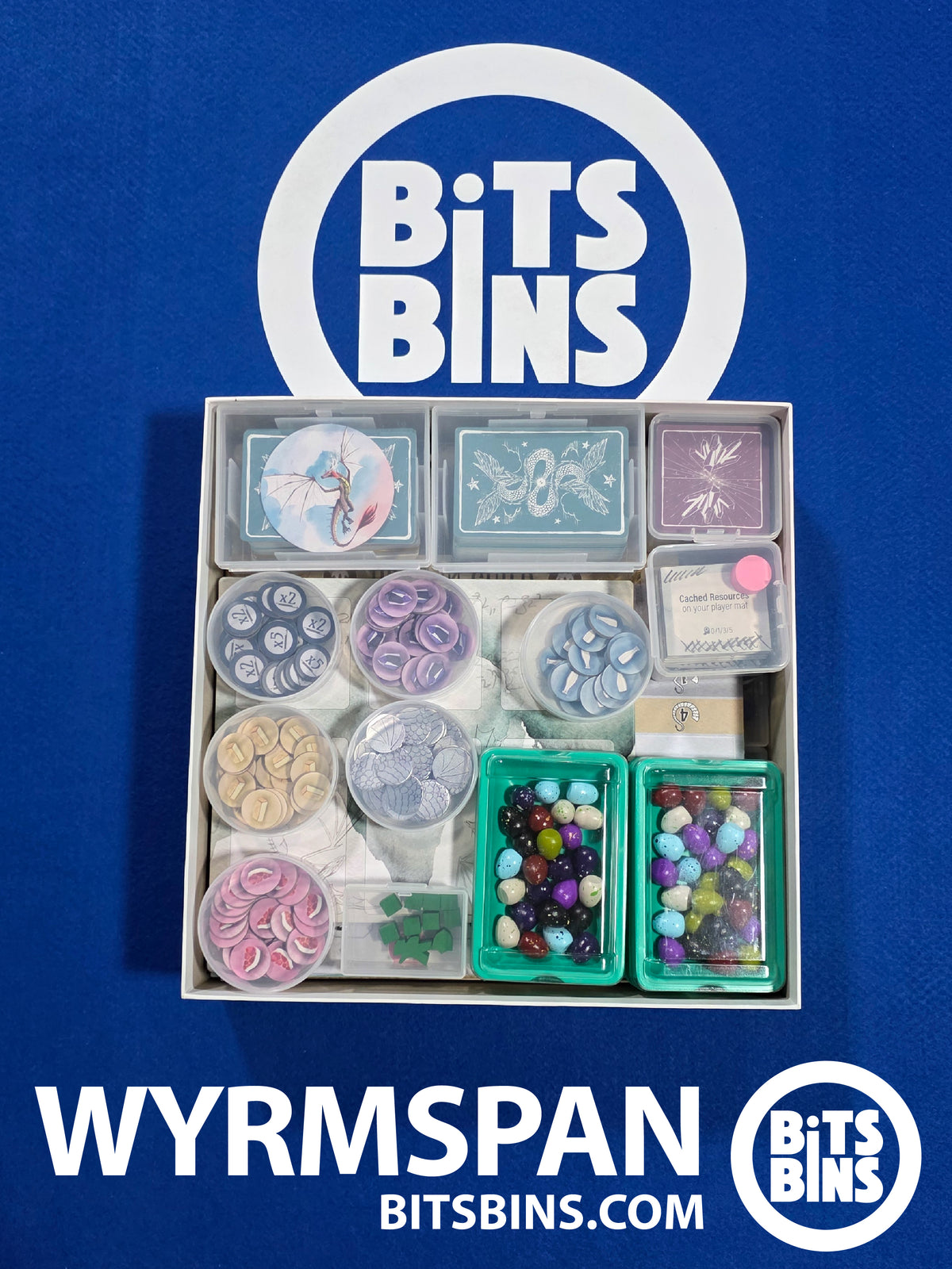 Wyrmspan pieces sorted in BitsBins snap-lid bins, with a Pod for each resource and a Mini for each player's markers.