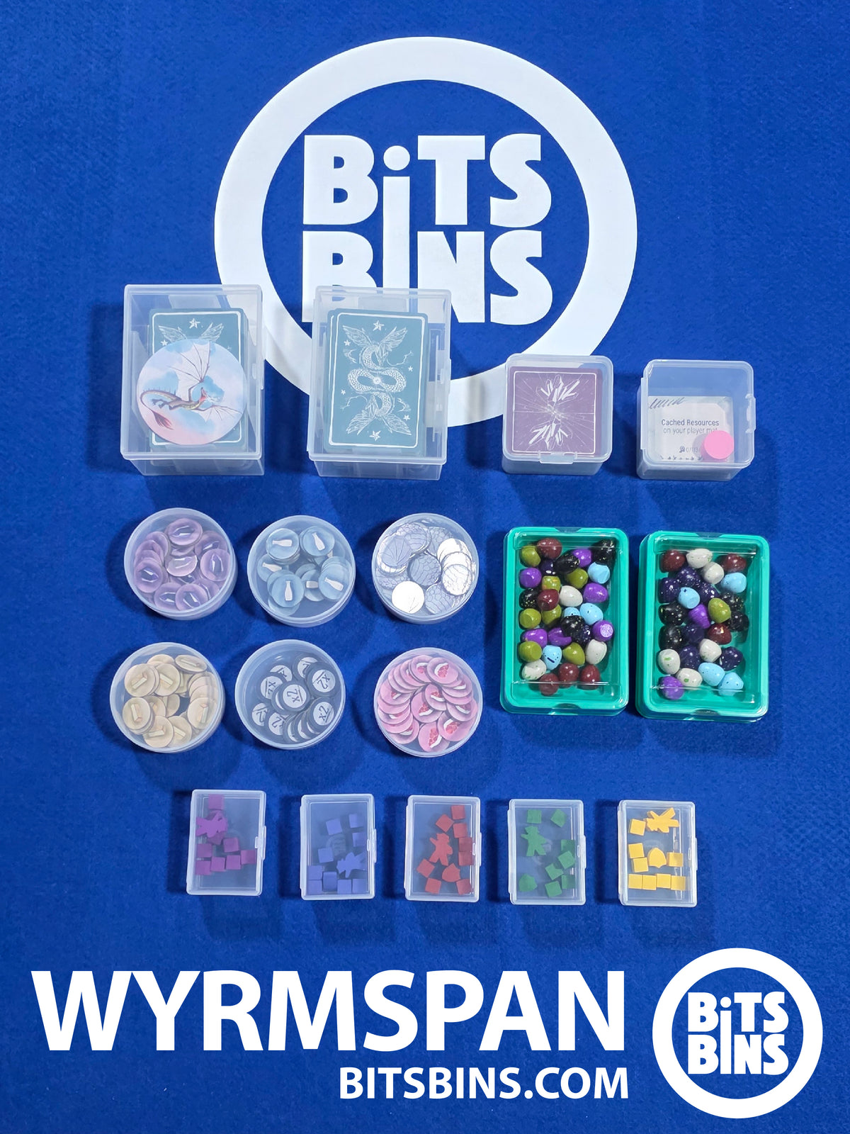 Wyrmspan game box organized with the 15-bin BitsBins set, which fits inside the original box.