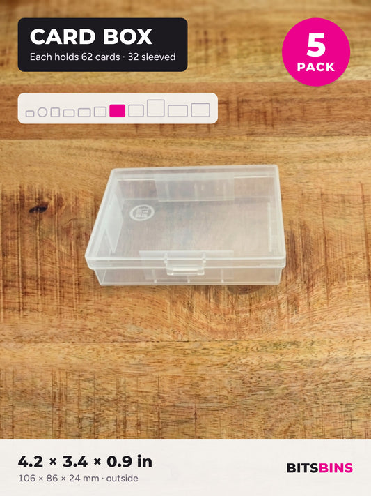 BitsBins Card Box 5 pack. Clear snap-lid playing card boxes that each hold 62 cards or 32 sleeved cards. Each 4.2 x 3.4 x 0.9 in.