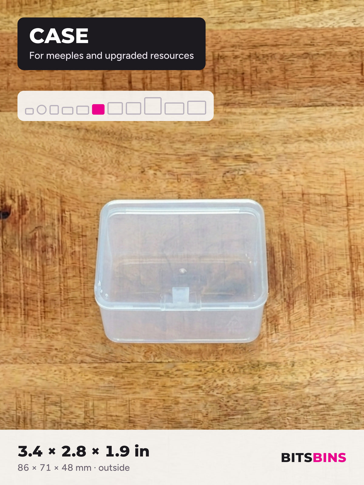 Single BitsBins Case container on a wood table. For meeples and upgraded resources. 3.4 x 2.8 x 1.9 in (86 x 71 x 48 mm).