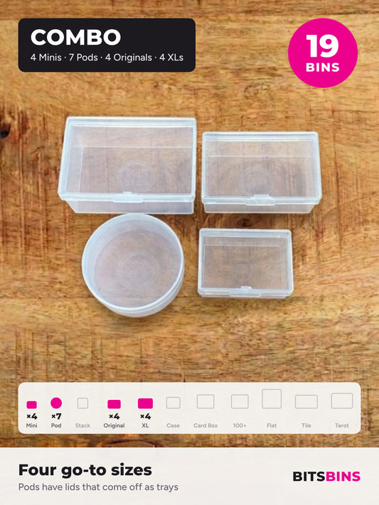 BitsBins Combo on a wood table: one each of the XL, Original, Pod and Mini. The Combo pack has 19 bins: 4 Minis, 7 Pods, 4 Originals and 4 XLs, shown in the size strip.
