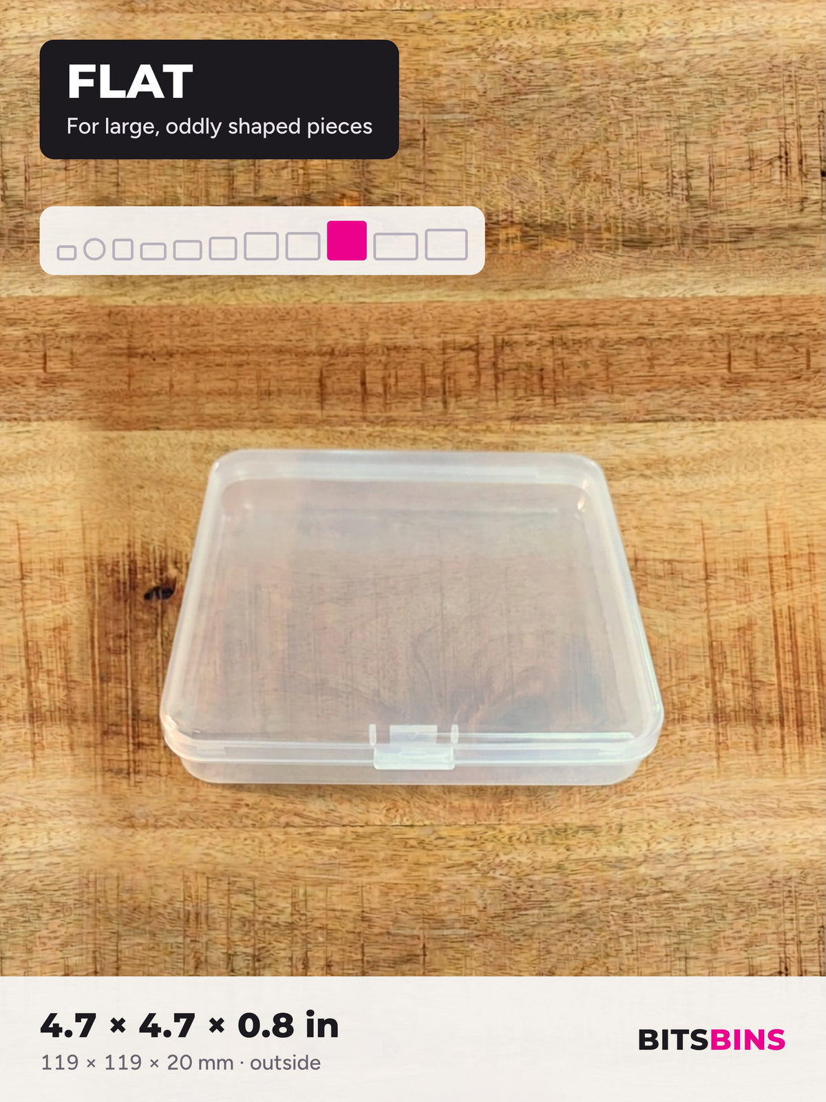 Single BitsBins Flat container on a wood table. For large, oddly shaped pieces. 4.7 x 4.7 x 0.8 in (119 x 119 x 20 mm).