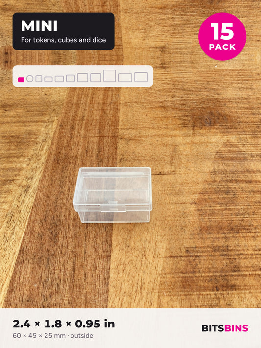 BitsBins Mini 15 pack. Clear snap-lid containers for tokens, cubes and dice. Each 2.4 x 1.8 x 0.95 in.