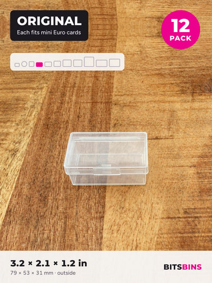 BitsBins Original 12 pack. Clear snap-lid containers that each fit mini Euro cards. Each 3.2 x 2.1 x 1.2 in.