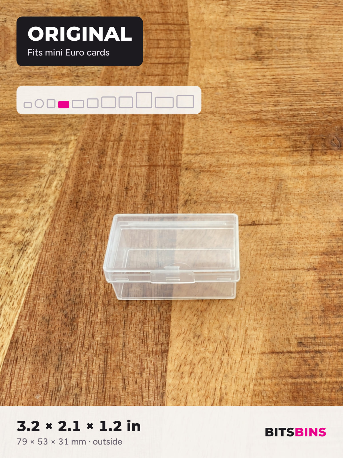 Single BitsBins Original container on a wood table. Fits mini Euro cards. 3.2 x 2.1 x 1.2 in (79 x 53 x 31 mm).