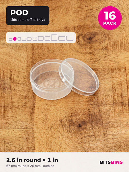 BitsBins Pod 16 pack. Round clear containers whose lids come off so they work as trays during play. Each 2.6 in round x 1 in.