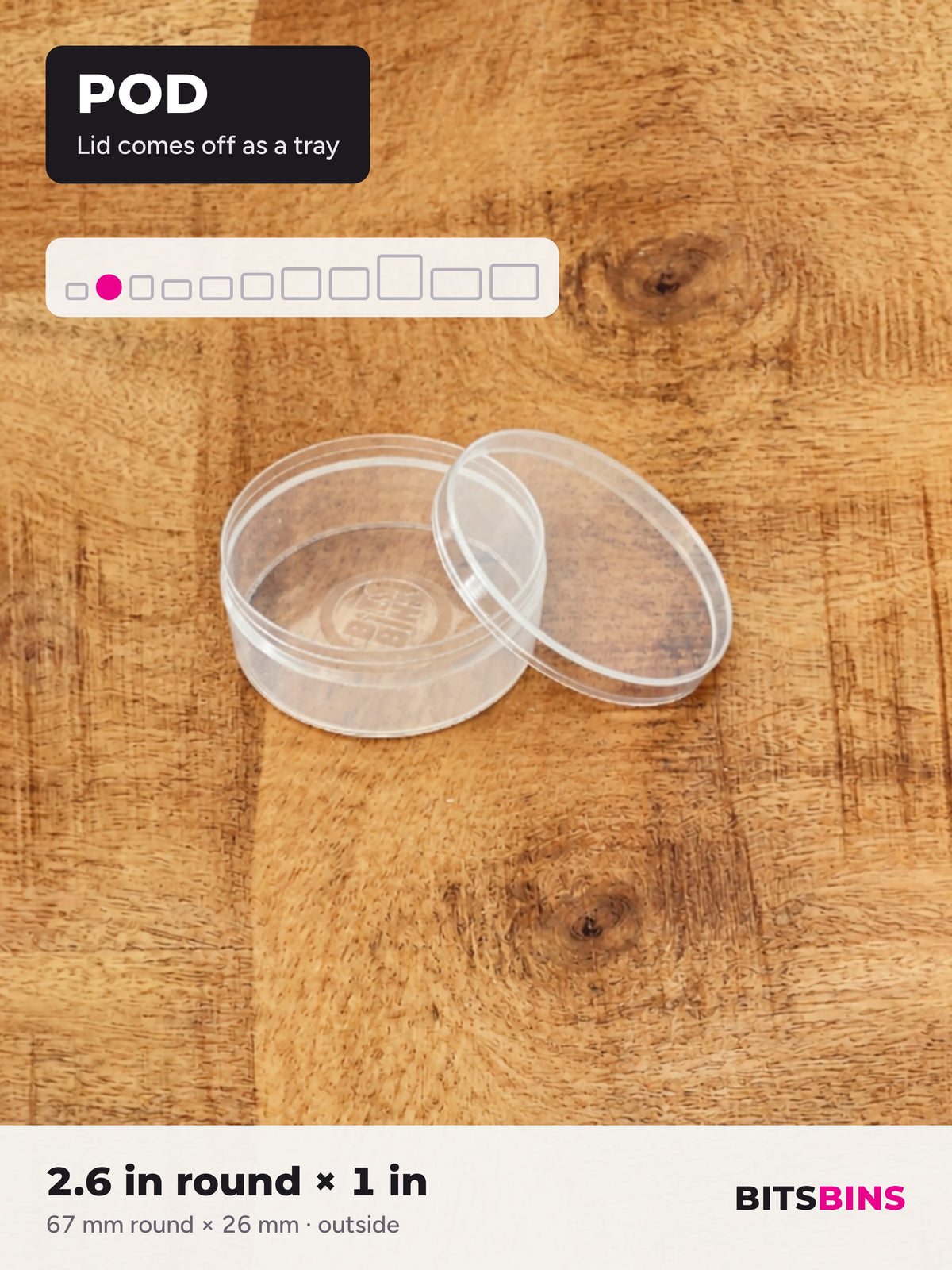 Single BitsBins Pod on a wood table with its lid off beside it. The lid comes off so the Pod works as a tray. 2.6 in round x 1 in (67 x 26 mm).