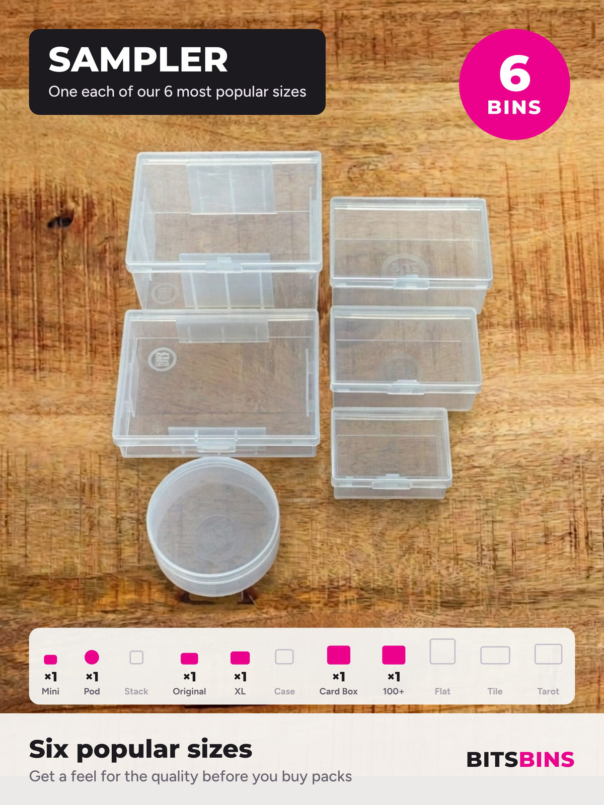 BitsBins Sampler Set on a wood table: one each of the Mini, Pod, Original, XL, Card Box and 100+ Card Box, 6 bins in all.