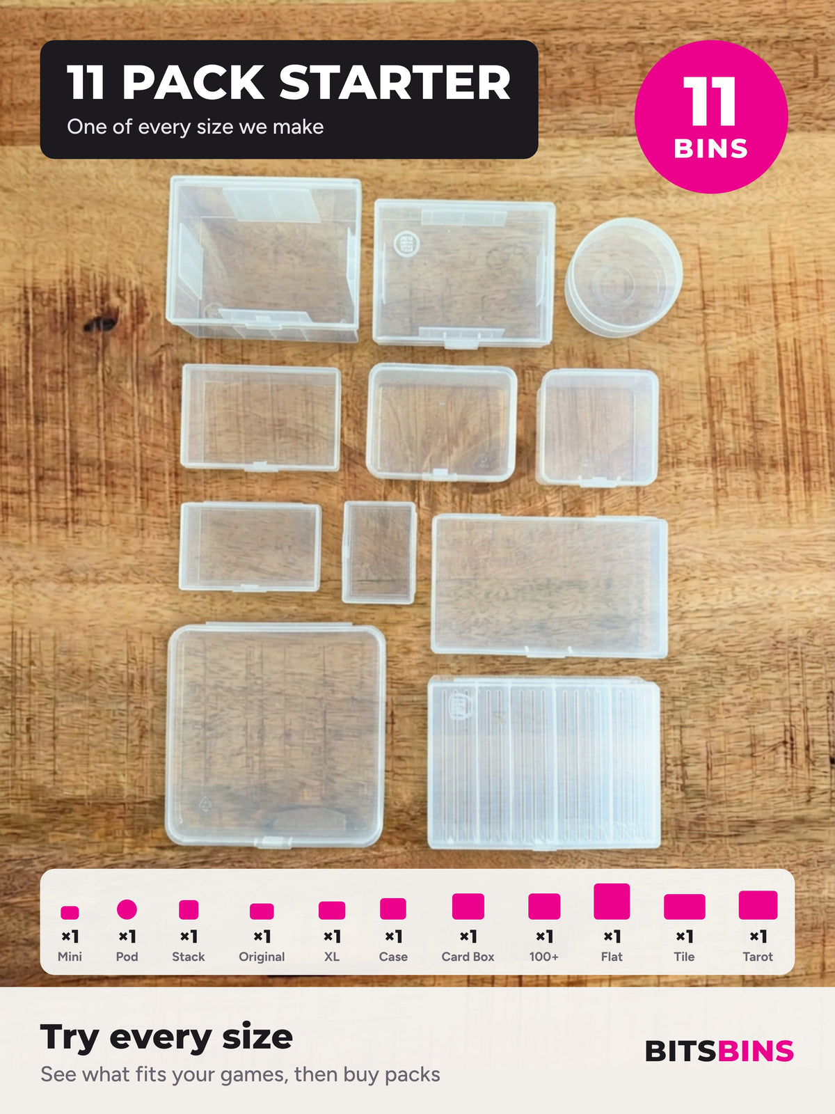 BitsBins 11 Pack Starter: one of every BitsBins size laid out on a wood table, 11 bins in all, with a size strip showing one of each.