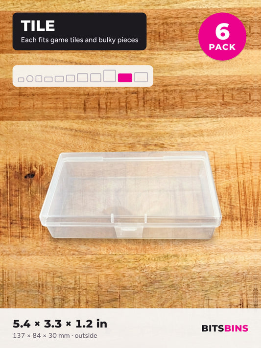 BitsBins Tile 6 Pack: six Tile containers, each 5.4 x 3.3 x 1.2 in (137 x 84 x 30 mm). Each fits game tiles and bulky pieces.