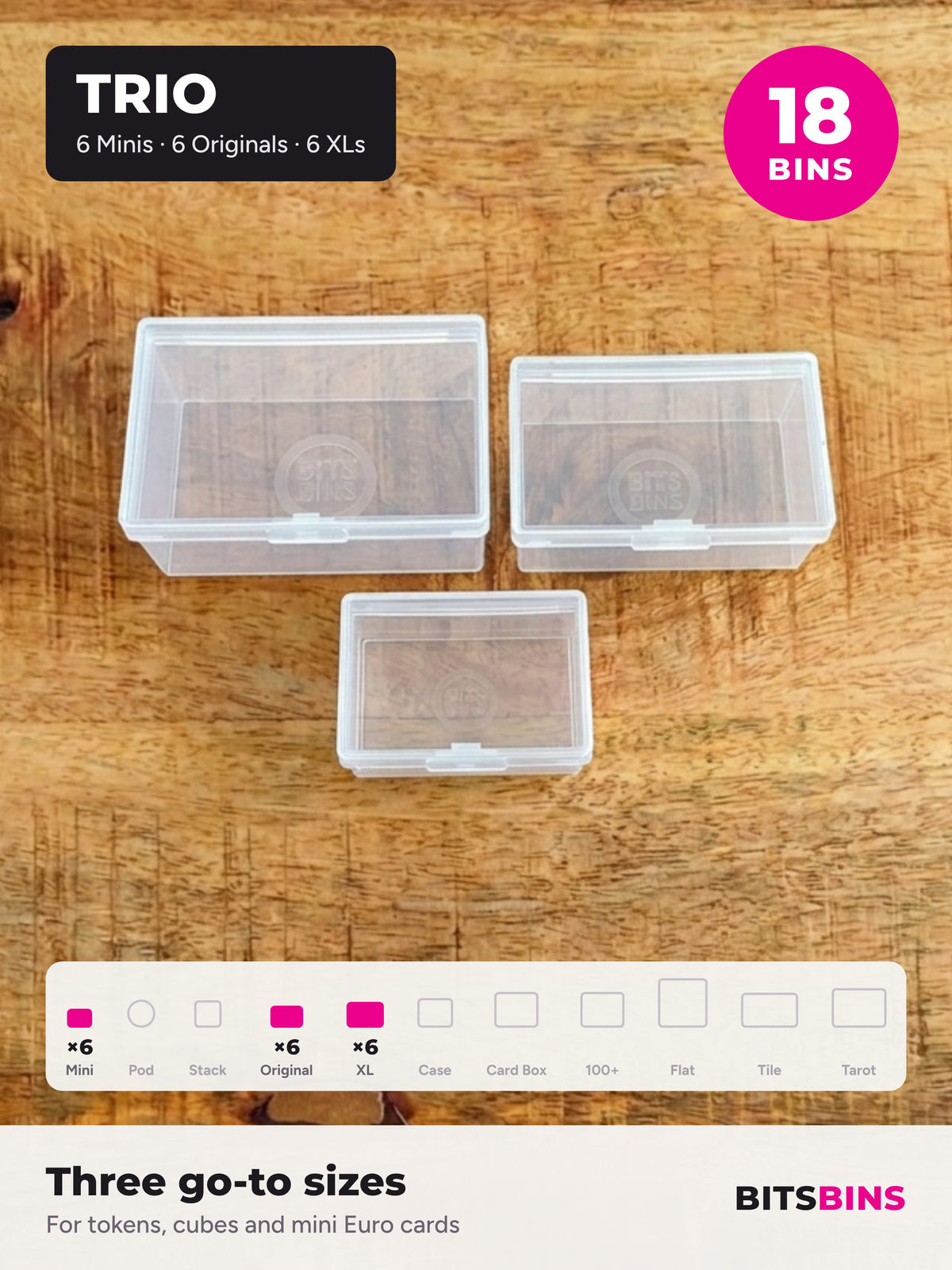 BitsBins Trio on a wood table: one each of the XL, Original and Mini. The Trio pack has 18 bins: 6 Minis, 6 Originals and 6 XLs, shown in the size strip.
