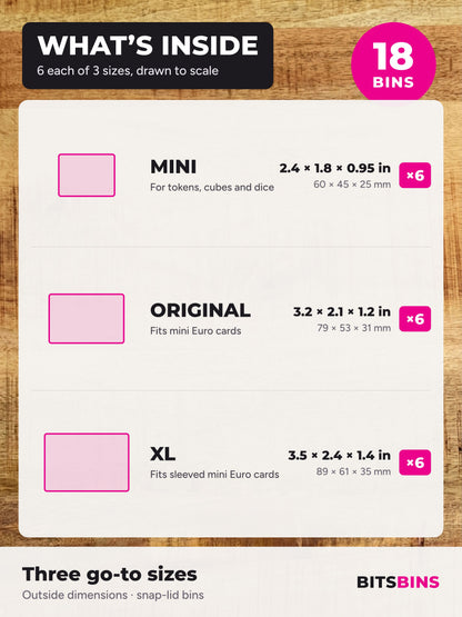 What's inside the BitsBins Trio: 6 Minis, 6 Originals and 6 XLs, drawn to scale, with what each holds and its outside dimensions in inches and mm.